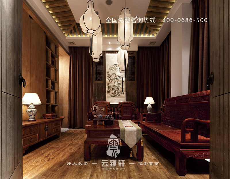 茶會所二層的品茶區(qū)設計分為服務區(qū)、包廂區(qū)、書畫區(qū)、臥榻區(qū)