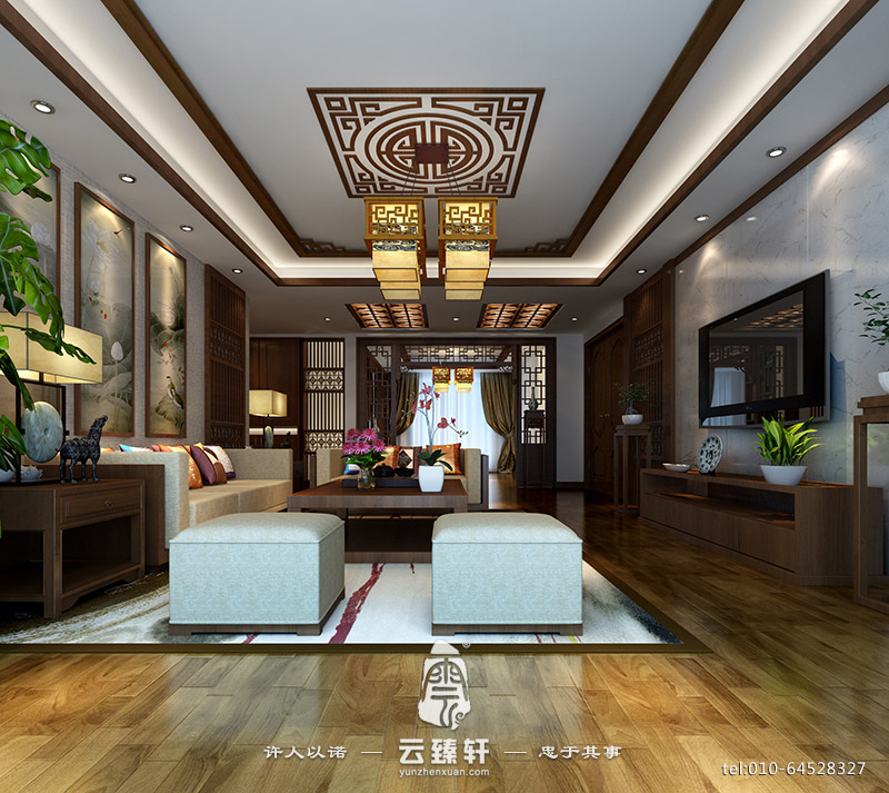 現(xiàn)代中式鏤空木格加大理石客廳電視背景墻裝修設(shè)計(jì)
