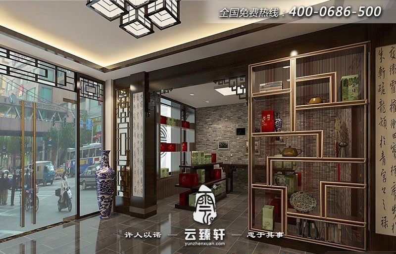 茶葉店鋪左側(cè)區(qū)域的中式仿古裝修